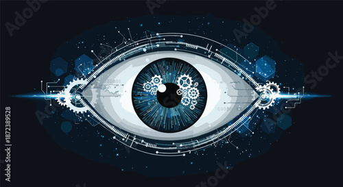 Futuristic digital eye concept with mechanical gears, circuit board patterns, and blue glowing data elements on dark background.