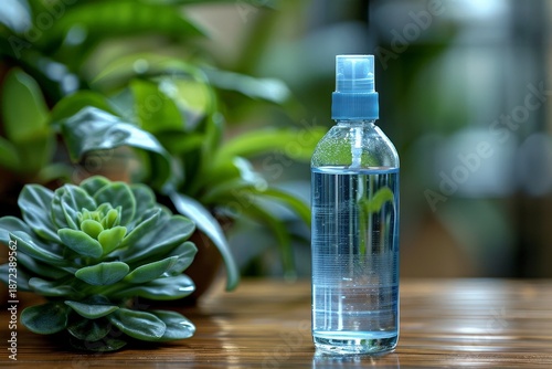 Hand Sanitizer Bottle on Wooden Office Desk with Natural Light, Health and Hygiene Concept