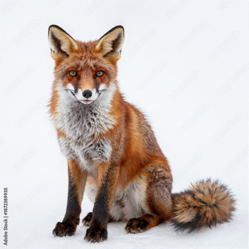 Fototapeta premium Studio-shot red fox seated centered on snowy white backdrop, russet fur glowing with a curled bushy tail