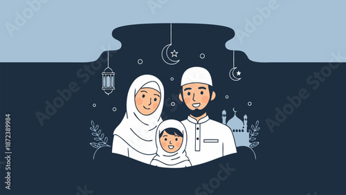 Ramadan Muslim Family Illustration with Lanterns and Copy Space