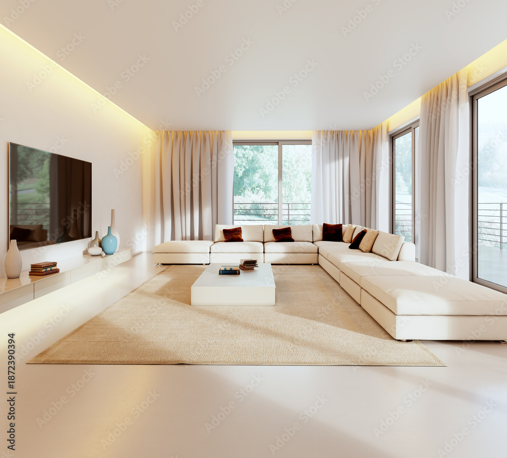 Naklejka premium Large luxury modern bright interiors Living room mockup illustration 3D rendering image