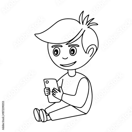 Boy using smartphone hand drawn vector sketch. Happy boy sitting with smartphone