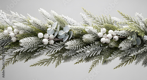 Festive winter garland with flocked pine, cedar, white berries,
