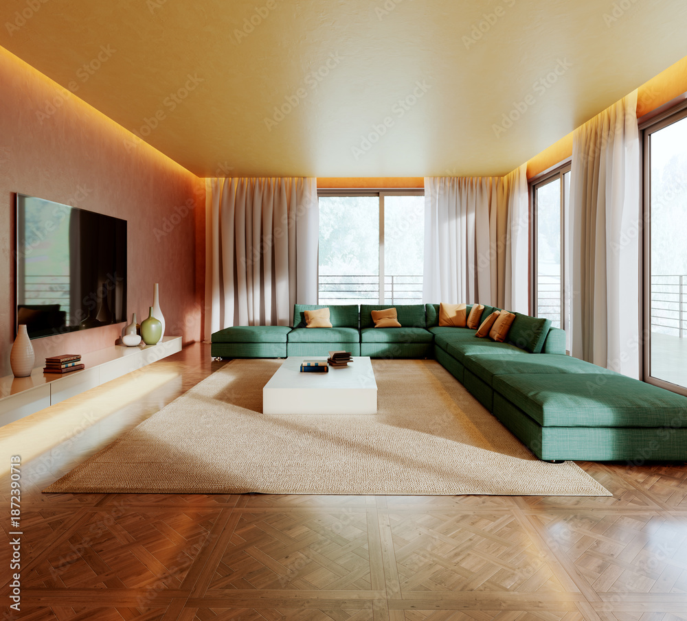 Naklejka premium Large luxury modern bright interiors Living room mockup illustration 3D rendering image