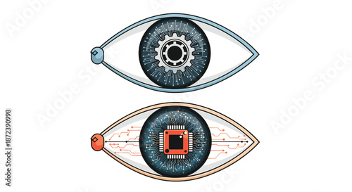 Set of two futuristic eyes featuring mechanical gear and microchip circuit board patterns inside the iris on white.