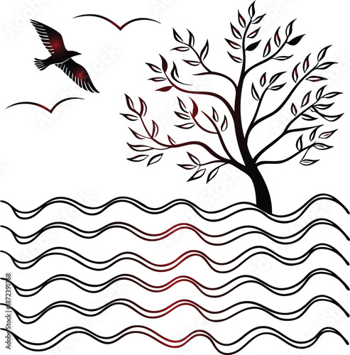 Artistic vector illustration depicting a peaceful nature scene with graceful flying birds, a stylized tree, and flowing abstract water waves, perfect for graphic design projects