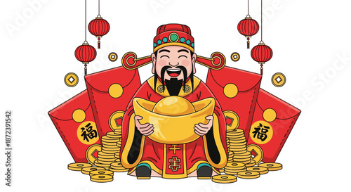 Traditional chinese god of wealth character holding a large golden ingot surrounded by lucky red envelopes and coins.