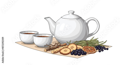 Elegant white ceramic teapot with two cups of dark tea served with a variety of dried herbs, berries, and citrus slices.