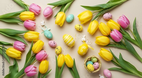 Colorful Easter arrangement with yellow and pink tulips and decorated eggs