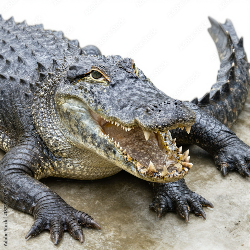 Naklejka premium Detailed portrait of a wild American alligator with rough dark gray and olive scales and a partially open powerful jaw