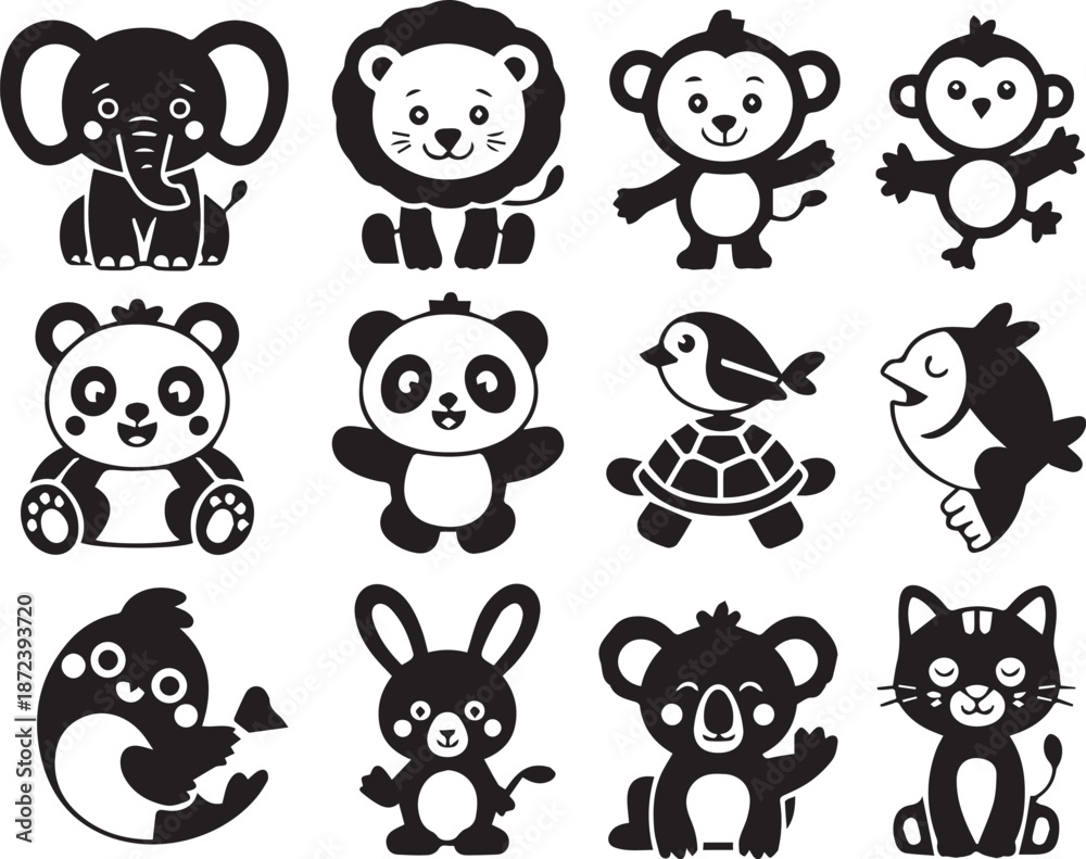 Fototapeta premium Set of cute animals in playful poses, isolated on a white background. Perfect for kids’ designs, stickers, books, apps, and educational or decorative projects.