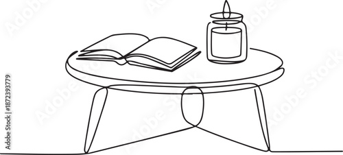 Continuous Line Art Illustration of Round Coffee Table with Open Book and Candle Jar, Minimalist Calm Setup