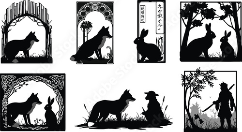 Fantasy silhouette vector illustration set featuring fox, rabbit, human figures, decorative frames, and nature inspired folklore storytelling scenes