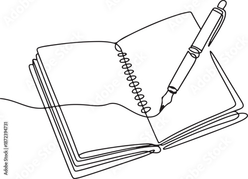 Continuous Line Art Illustration of Open Sketchbook with Pen Resting Diagonally