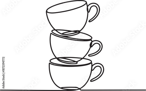Continuous Line Art Illustration of Stack of Three Cups Balanced Together