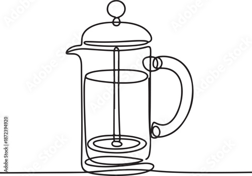 Continuous Line Art Illustration of French Press with Handle and Plunger Visible