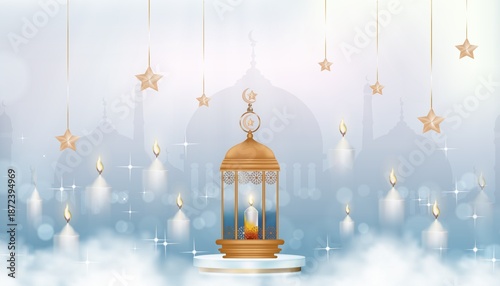 Islamic greeting card design with Traditional Islamic lantern,Candle,Crescent moon and Star with golden Mosque background, Vector religions symbolic of Muslim for Ramadan Kareem, Eid Mubarak banner