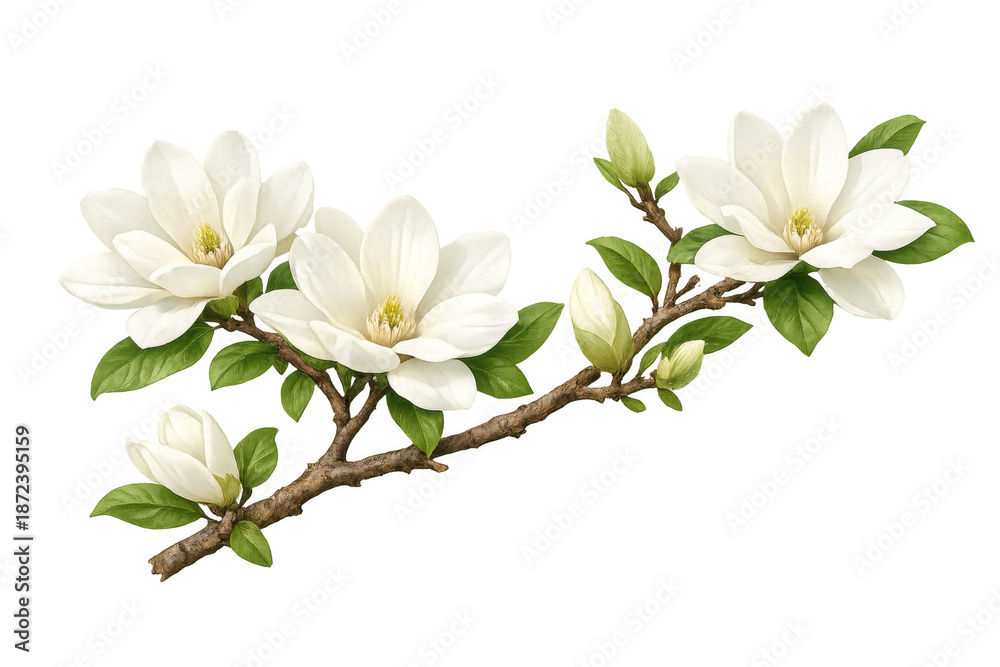 Obraz premium White magnolia branch blooming, illustrating spring beauty, growth, and the freshness of new season with a transparent background