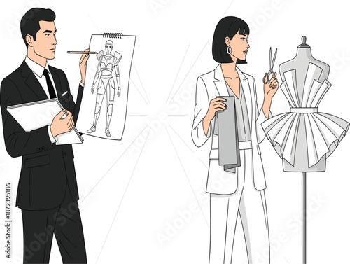 Fashion designers creating stylish clothing, professional sketching on paper, tailoring process with mannequin, sewing creativity, garment making, textile art studio illustration