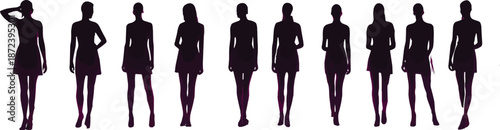Fashion model silhouette poses, stylish woman standing, feminine body shape, walking posture, modern elegance, runway concept