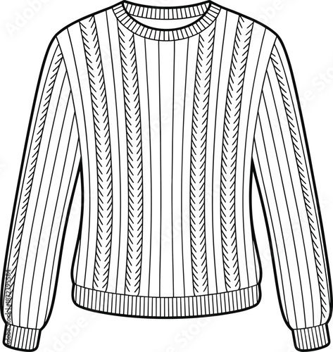 fashion, apparel, garment, clothing, knitwear, sweater, pullover, jumper, illustration, sketch, vector, design, template, outline, pattern, textile, fabric, cable, ribbed, crewneck, cuffs
