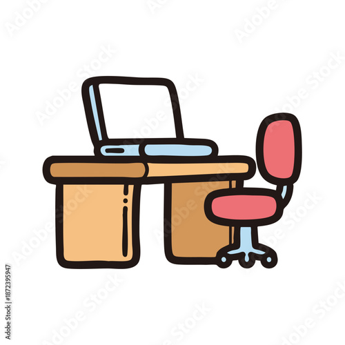 Simple cartoon illustration of a desk with a laptop and a swivel chair, perfect for office or study themes.