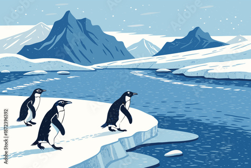 Antarctic Penguins Ice Shore Illu