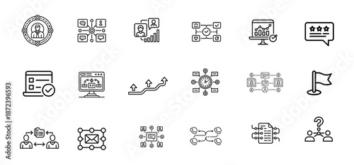 Business Workflow and Process Line Icons Set - Management, Strategy, Communication and Analytics Symbols, SEO, Analytics, QR Code, Web Strategy, Growth Network Line Vector Pack
