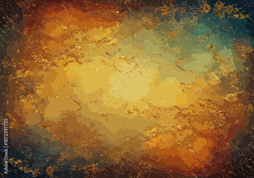 Grungy gold and blue abstract texture with weathered metallic paint and distressed vintage aged surface