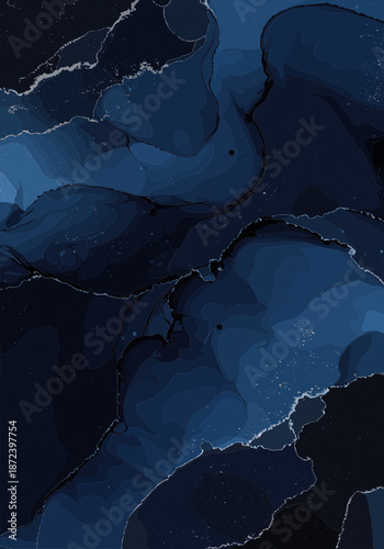 Deep blue alcohol ink waves with silver metallic edges create a dark fluid marble texture