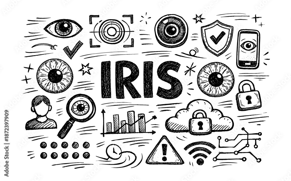 Obraz premium Doodle illustration of iris recognition technology and security concepts