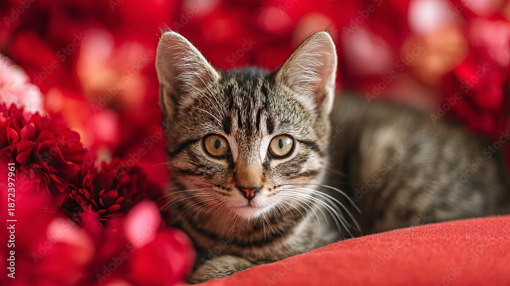 Fototapeta premium A cute tabby cat lies on a red surface surrounded by vibrant red flowers and looks directly at the camera.