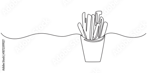 one continuous drawn line of french fries drawn from the hand picture silhouette. Line art. fast food food potato cooked in flint, French fries in continuous line art drawing style. Fried potato stick