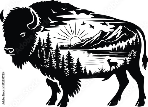 Foto Buffalo Mountain Scene - Bison on Mountain Landscape - Wilderness Wildlife Art -