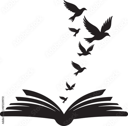 Open Book Silhouette with Flock of Birds Taking Flight Concept