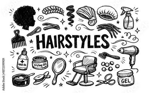 Doodle illustration of hairstyles and hair care tools in black and white