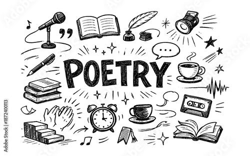 Creative doodle art celebrating poetry with various symbols and the word poetry