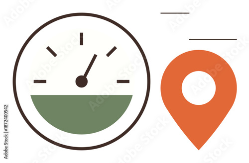 Navigation, geolocation, speed tracking, transportation services, efficiency analysis, travel planning. Speedometer and location pin icons. Navigation and geolocation visualization concept