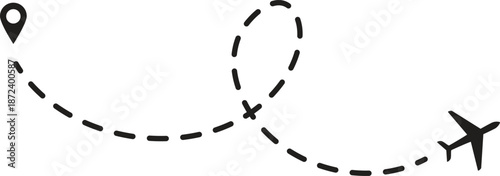 airplane route. Romantic travel, heart dashed line trace and plane routes isolated vector illustration