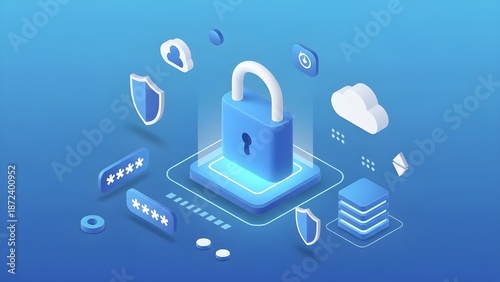 Cyber Security and Data Protection Concept with Digital Padlock – Cloud Computing and Data Encryption 3D Illustration