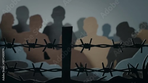 Striking graphic illustration portraying a group of silhouetted individuals confined behind barbed wire, symbolizing issues of human rights, injustice, and detention