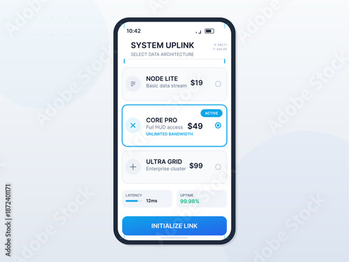 Modern mobile app UI showing data plan selection screen with pricing cards, system uptime, latency stats, and futuristic network interface design.