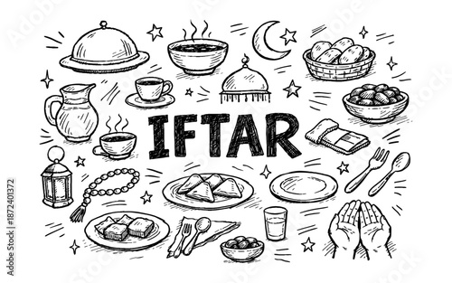 Doodle illustration of Iftar meal with dates, drinks, and prayer hands for Ramadan celebration