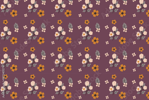Floral seamless pattern with autumn flowers, swatch available in swatches panel, muted pink and brown botanical design