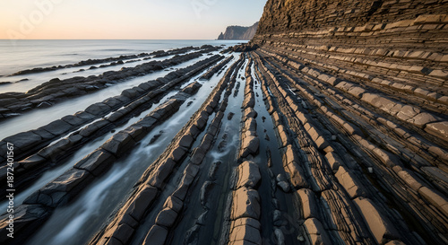 Layered coastal rock formations along the Black Sea shore at sun