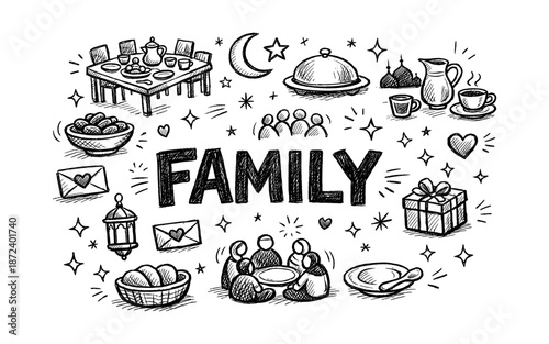 Hand-drawn doodle art celebrating family gatherings and traditions with festive elements