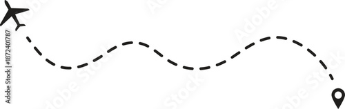 Line with plane icon for travel and flight trip, air map. Dashed route with dots and trace for airport plan or destination background. 