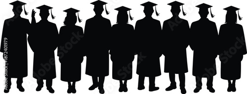 Graduation silhouettes lineup, diverse students wearing caps and gowns, academic achievement, education success, university commencement ceremony, vector illustration