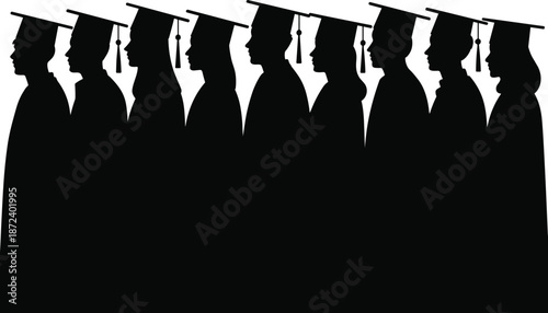 Graduation ceremony silhouettes, students standing in profile, caps and gowns, academic achievement, education success, university commencement vector illustration