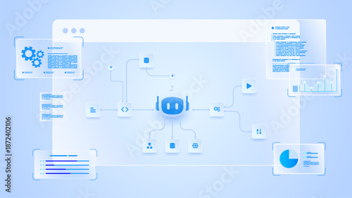 AI workflow automation artificial intelligence. ai agent workflow diagram dashboard machine learning showing node input, processing module, analytics panel and automation system.